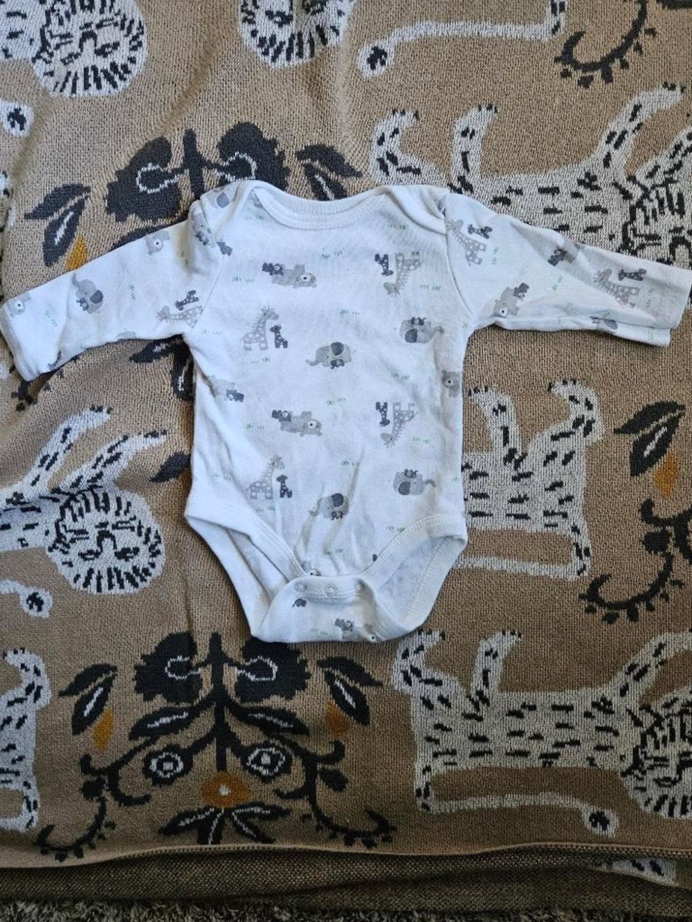 Rene Rofe White Long-Sleeve Onesie with Gray Animal Prints